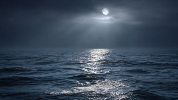 Serene Night Ocean Under Moonlight with Dark Clouds and Gentle Waves Reflection photo