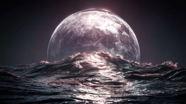 Dramatic Waves Under Bright Full Moon Reflecting on Dark Ocean at Night photo