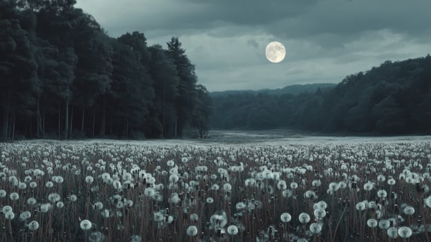 Serene Night Landscape with Blooming Dandelion Field and Full Moon Illuminating Forest in Ethereal Grey-Hued Sky photo