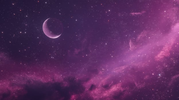 Ethereal Cosmic Scene with Purple Nebula and Crescent Moon Surrounded by Stars in a Serene Universe photo