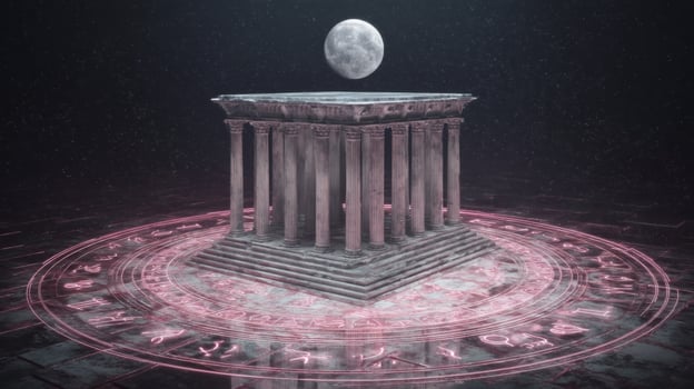 Mystical Temple Surrounded by Ethereal Light and Moon in a Dark Fantasy Environment photo