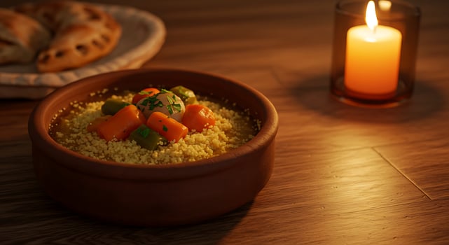 A bowl of couscous with vegetables and bread on a table photo