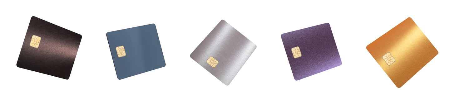 Credit and debit cards in sleek, modern design with black, gold, and platinum finishes. Ideal for photo