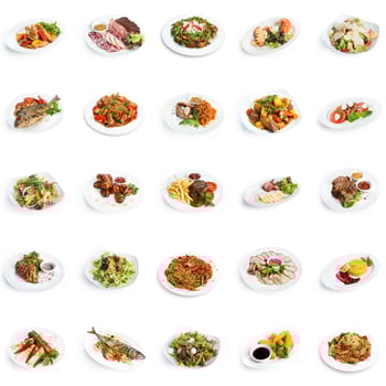 Set of various restaurant meals isolated on white background. Collage of different main courses and salads, meat and fish dishes with garnish, cutout, business lunch concept photo
