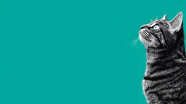 Tabby Cat Looking Up Teal Background Pet Animal Portrait photo