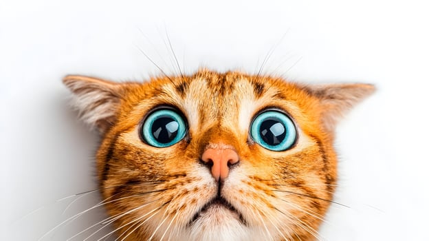Closeup Orange Tabby Cat Big Blue Eyes Surprised Expression photo