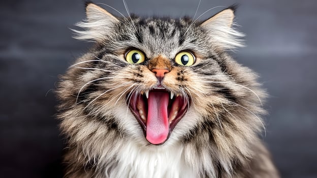 Longhaired Tabby Cat Yawning Wide Open Mouth Showing Teeth and Pink Tongue Close Up photo