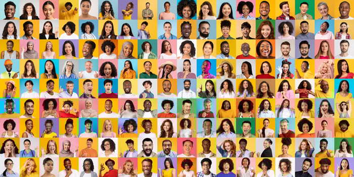 This vibrant collage features a variety of individuals from different backgrounds. Each unique portrait highlights diverse expressions and lifestyles, reflecting a global community. photo