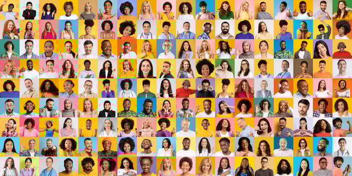 A collage featuring a variety of diverse individuals, each displaying unique hairstyles and expressions. The vibrant background adds depth, highlighting their individuality photo