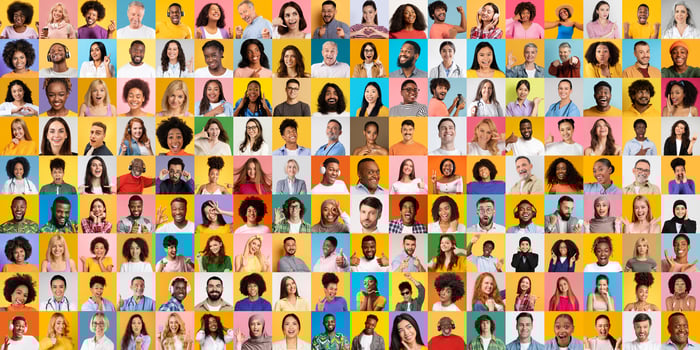 A lively collage features a variety of portraits of multiracial individuals against colorful backgrounds. photo