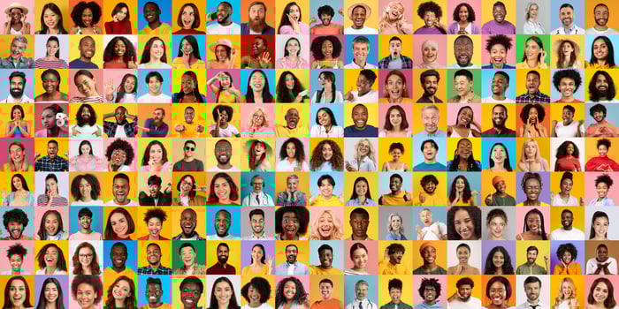 This vibrant collage features diverse individuals from various backgrounds, all smiling and expressing joy. photo