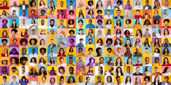 This vibrant collage features a diverse group of people from various backgrounds, highlighting their unique expressions and lifestyles against colorful backdrops. photo
