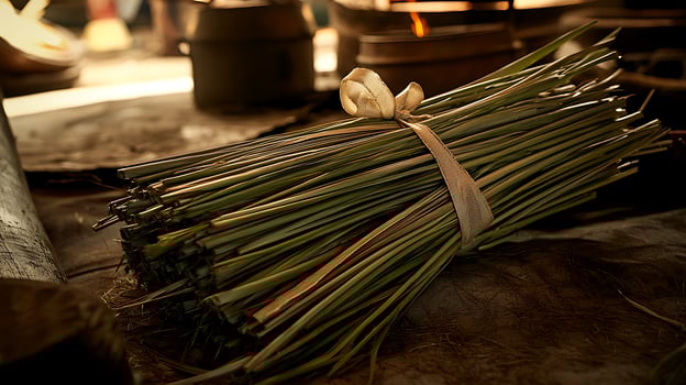 A Bundle of Dried Grasses Tied with a Ribbon, Close Up. photo