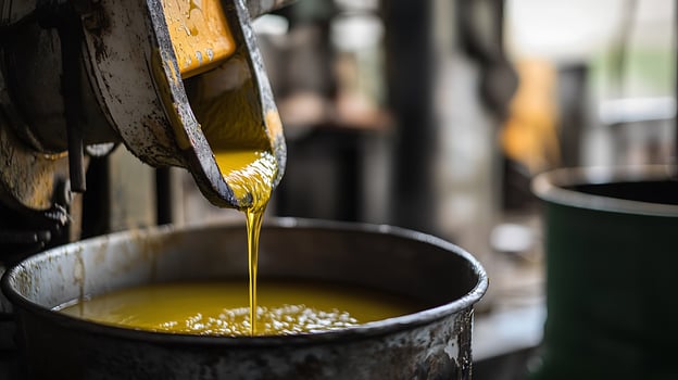 Golden Liquid Pouring into a Metal Container Close Up of an Industrial Process. photo