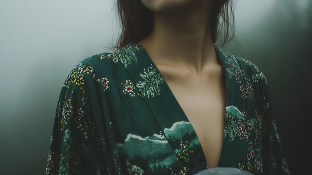 Close Up of a Woman Wearing a Green Kimono with Floral and Mountain Print. The image showcases the intricate details of the garment. photo