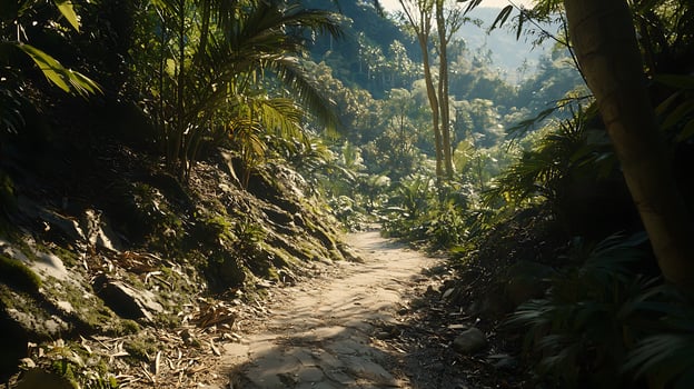 Sunlit Path Through Lush Tropical Jungle. A scenic view of a trail winding through vibrant green foliage and rocky terrain. photo