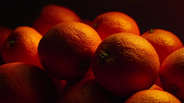 Close Up of a Pile of Bright Orange Mandarins Illuminated by Warm Light. photo