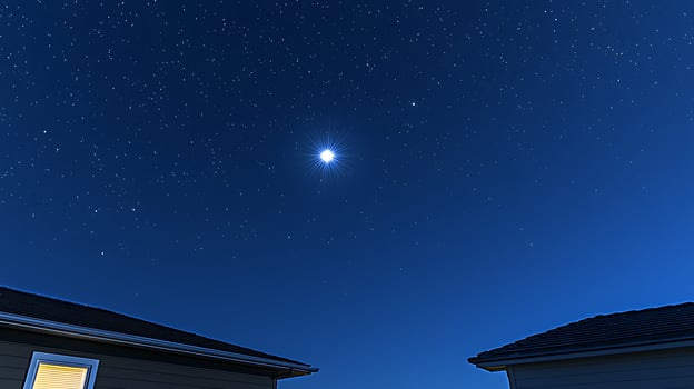 Night Sky over Houses, Bright Star and Sparkling Stars. photo