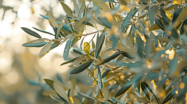 Olive Branch Close Up Sunlit Leaves and Dewdrops. photo