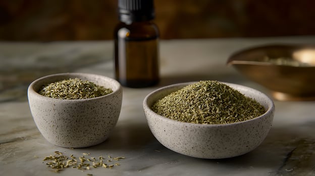 Dried Herbs in Small Bowls with Essential Oil Bottle. A close up image of oregano in ceramic bowls next to an amber bottle of essential oil. photo