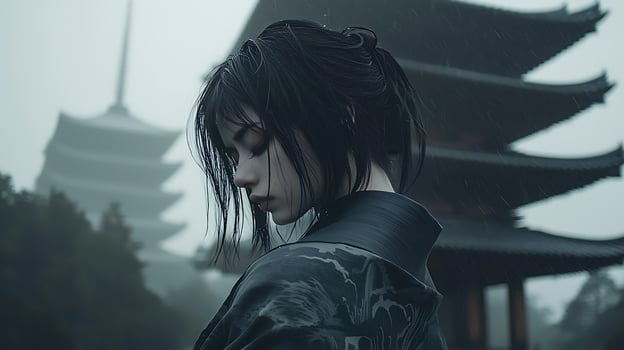 Pensive Woman in Traditional Clothing During a Rainy Day in Japan. photo