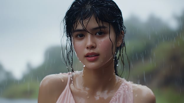 A Young Woman Standing in the Rain, Close Up Portrait. photo