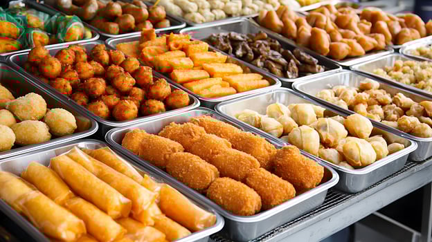 Close Up of Assorted Fried Street Food in Metal Trays at a Market Stall. photo