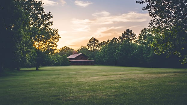 Serene Sunset over a Log Cabin in a Lush Green Meadow. photo