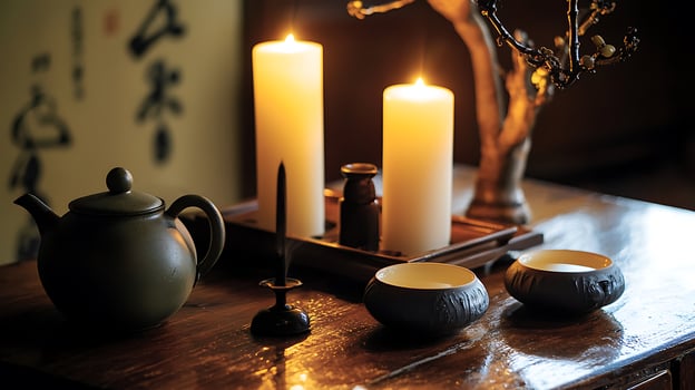 Tranquil Tea Ceremony Candles, Teapot, and Cups on Wooden Table. photo