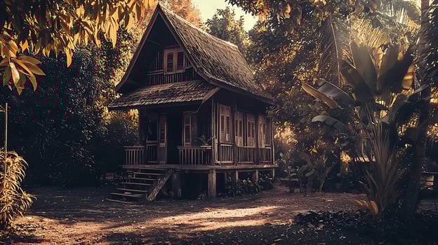 Tranquil Wooden House nestled in Lush Tropical Foliage. A serene image perfect for travel or home decor. photo
