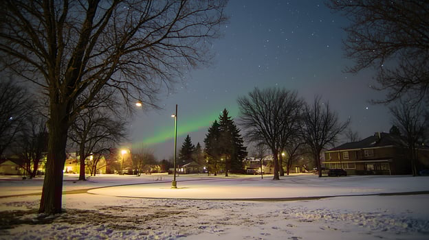 Night Scene of a Snow Covered Park with Aurora Borealis. A tranquil winter landscape illuminated by streetlights under a starry sky. photo