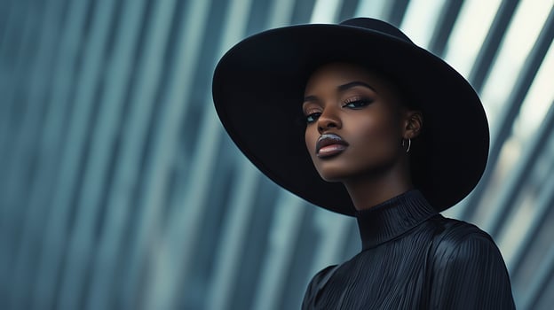 Stylish Black Woman in Wide Brim Hat, Urban Fashion Portrait. photo