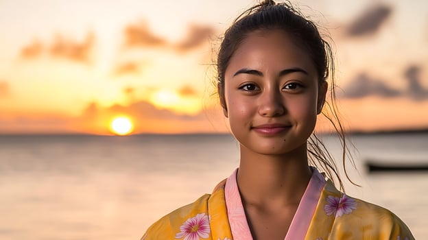 Young Woman in Floral Kimono at Sunset Beach Portrait. A close up image of a serene young woman in traditional clothing enjoying the warm glow of a sunset by the ocean. photo
