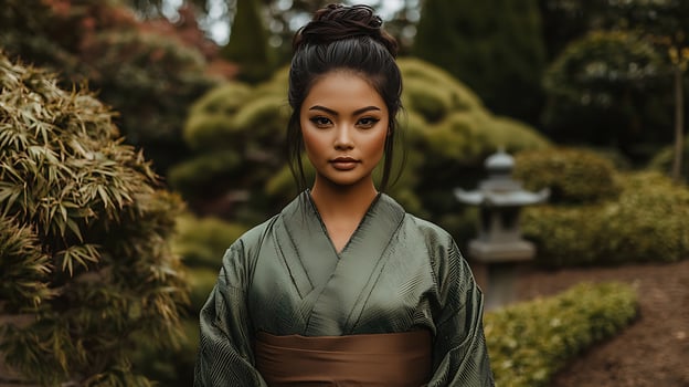 Serene Woman in Traditional Japanese Kimono Amidst a Lush Garden. photo