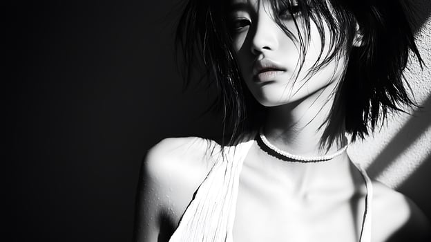 Monochrome Portrait of a Young Woman with Wet Hair, Illuminated by Sunlight. photo