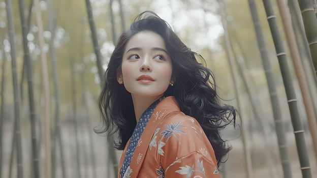 Serene Woman in a Bamboo Forest, Wearing a Floral Kimono. photo