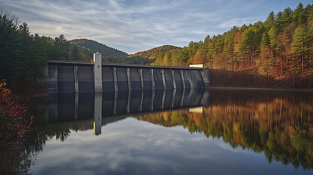 Autumnal Reflection A Dam and Forest mirrored in Still Water. photo
