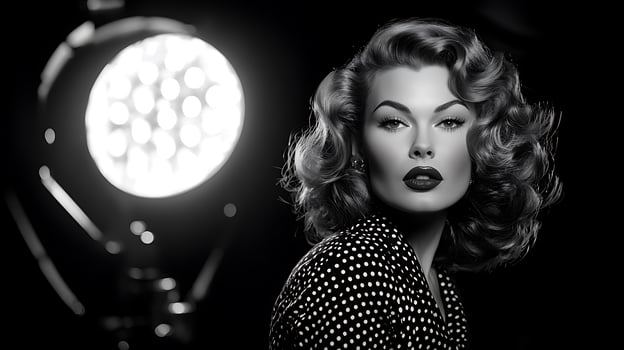 Black and White Portrait of a Glamorous Woman with Vintage Hollywood Hair and Makeup. A stunning close up image perfect for fashion, beauty, or vintage themed projects. photo