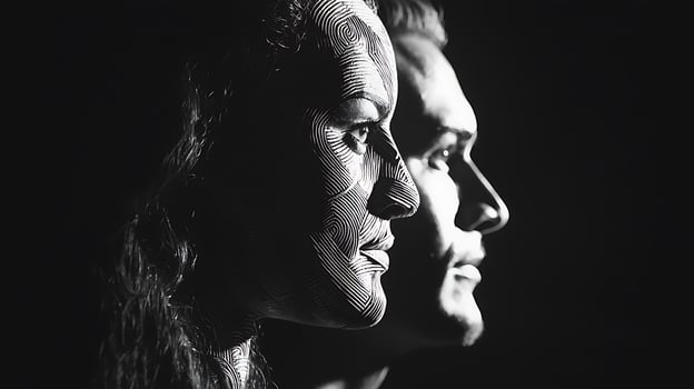Monochromatic Close Up of a Couple's Profiles, Intricate Line Art Style. photo