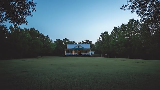 Serene Country House at Dusk A tranquil scene of a farmhouse nestled in a verdant field, surrounded by trees under a twilight sky. photo