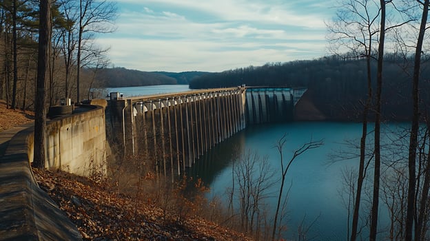 Majestic Dam and Reservoir Landscape in Winter. A panoramic view of a concrete dam overlooking a tranquil lake surrounded by leafless trees. photo