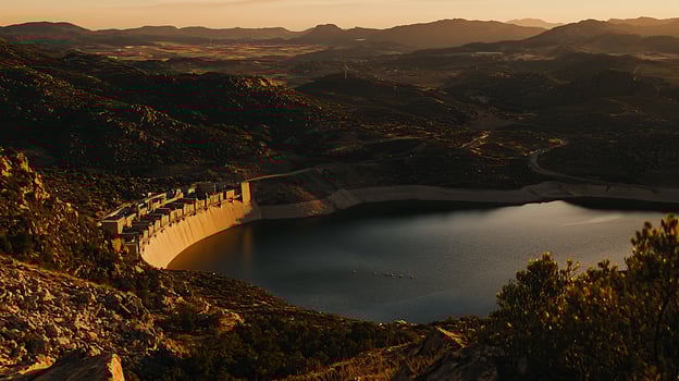 Majestic Dam Reservoir at Sunset Panoramic View of a Mountainous Landscape. photo