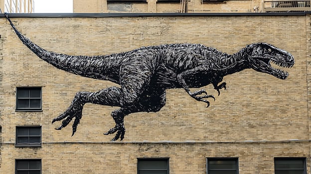Large Scale Tyrannosaurus Rex Mural on Brick Building Wall. photo
