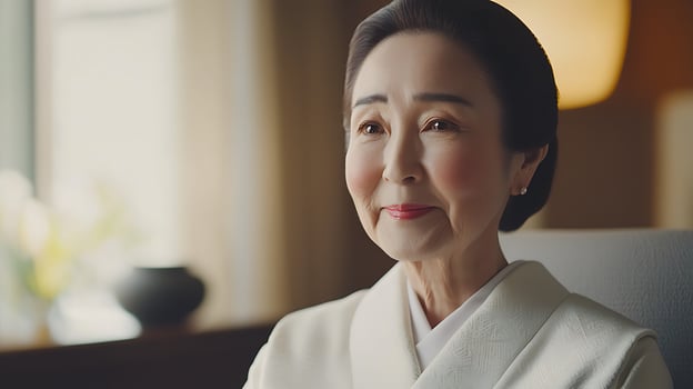 Portrait of a Serene Elderly Japanese Woman in Traditional Kimono. photo