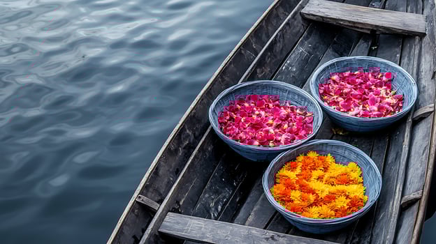 Colorful Flower Petals and Blooms in a Wooden Boat on Calm Water. photo