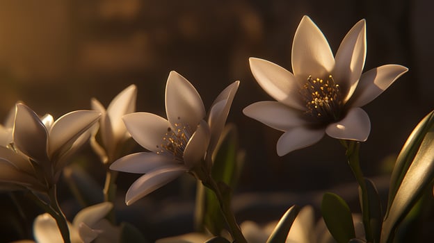 Close up of Delicate White Flowers in Warm Golden Light. photo