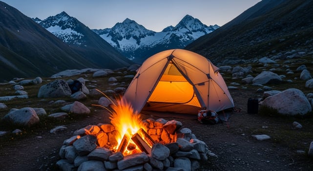 Illuminated Tent and Campfire in Mountain Valley at Dusk photo