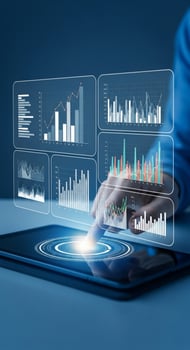Businessman using tablet with business graphs and charts on screen photo