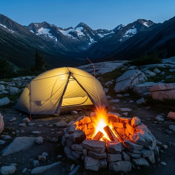 Mountain Camping at Dusk with Illuminated Tent and Campfire photo