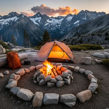A tent and fire pit sit in front of mountains photo